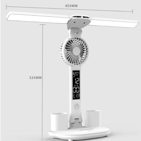 3-in-1 Multifunction LED Table Lamp - Four-Headed Folding Design with Fan, Calendar, Clock, USB Rechargeable Desk Light, and 3-Color Reading Lamp