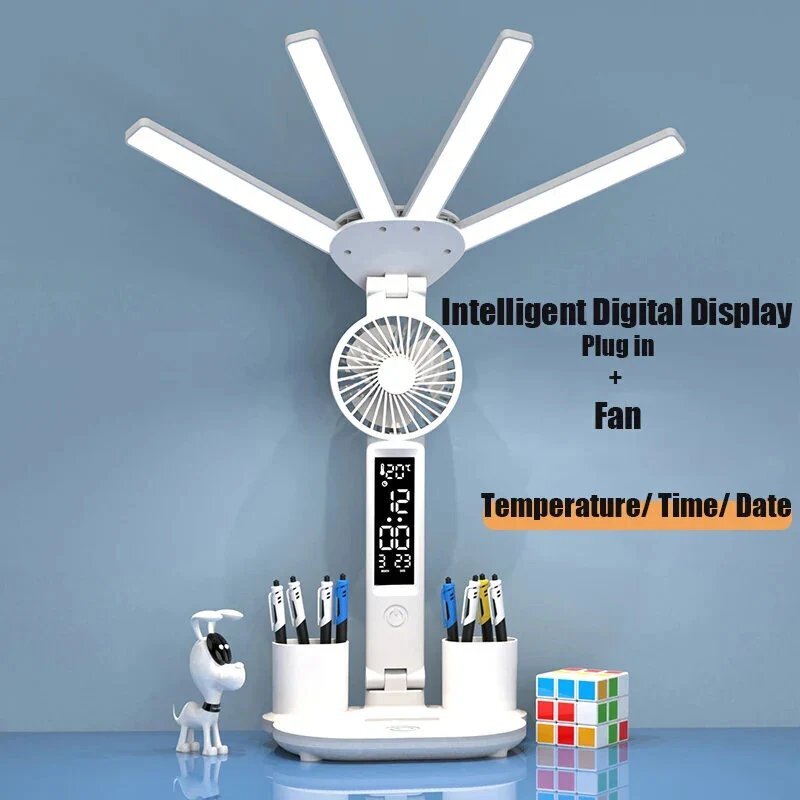 3-in-1 Multifunction LED Table Lamp - Four-Headed Folding Design with Fan, Calendar, Clock, USB Rechargeable Desk Light, and 3-Color Reading Lamp
